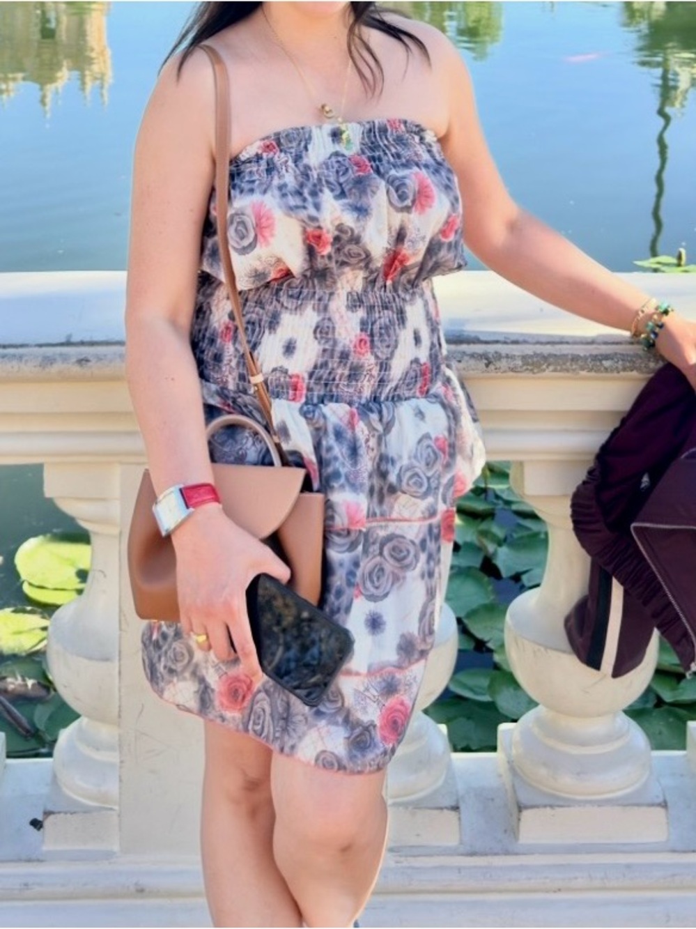 Fashion Floral print strapless smocked Layered Ruffles Mini Dress Small